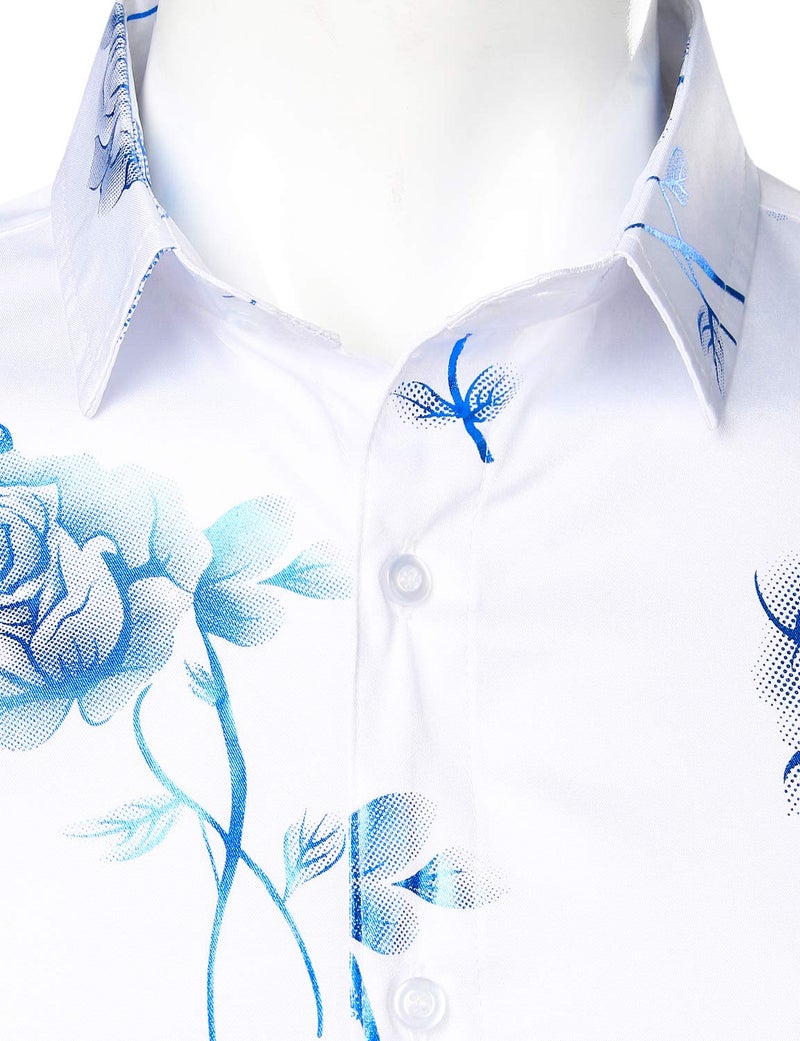 ZEROYAA Mens Hipster 3D Rose Deign Slim Fit Long Sleeve Button Up Dress Shirts ZZCL22 White Royal Blue Large - Image 3